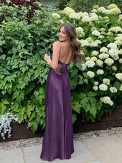 Blue A Line V-neck Beaded Back Tie Long Prom Dress