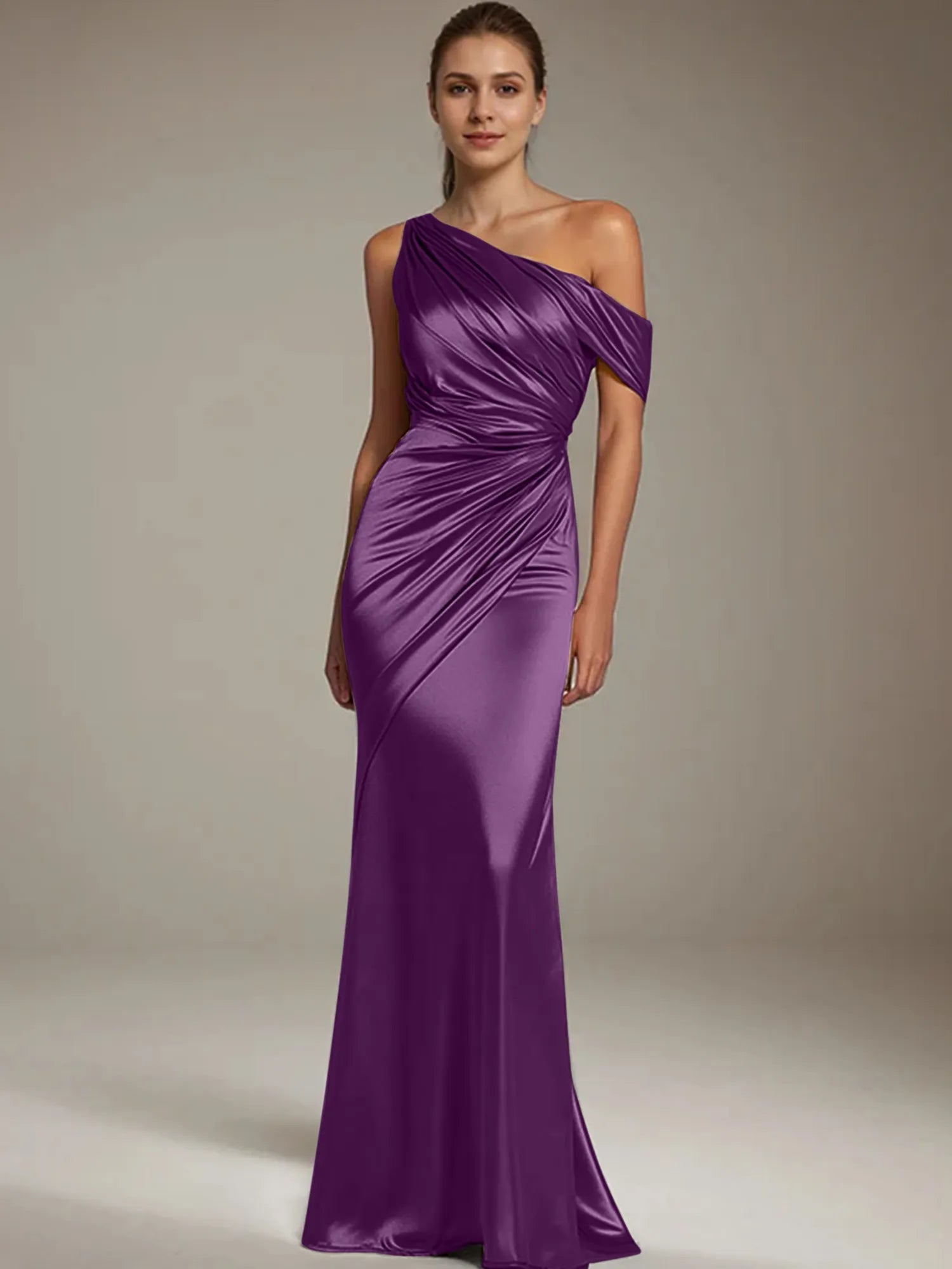 Formal Party Satin Dress Silver One-Shoulder Pleated  Floor-Length Dress