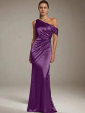 Formal Party Satin Dress Silver One-Shoulder Pleated  Floor-Length Dress
