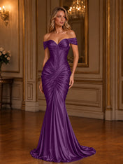 Burgundy Off-The-Shoulder Ruched Mermaid Floor-Length Gown Dress
