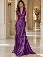 Elegant and Luxurious Cowl-neck Champagne Gold Satin Maxi Dress