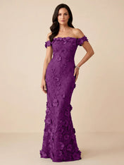 Black Off-the-Shoulder 3D Floral Mermaid Formal Gown Evening Dress