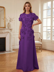 Short Sleeve Crew Neck A-Line Gown with 3D Floral Appliques Evening Dresses