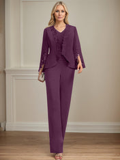 Separates Jumpsuit/Pantsuit V-Neck Floor-Length Chiffon Mother of the Bride Dress