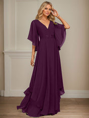 A-line V-Neck Floor-Length Chiffon Mother of the Bride Dress With Sequins Appliques Lace Beading