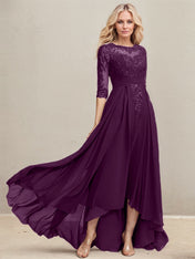 A-line Scoop Illusion Asymmetrical Lace Chiffon Mother of the Bride Dress With Pleated Sequins