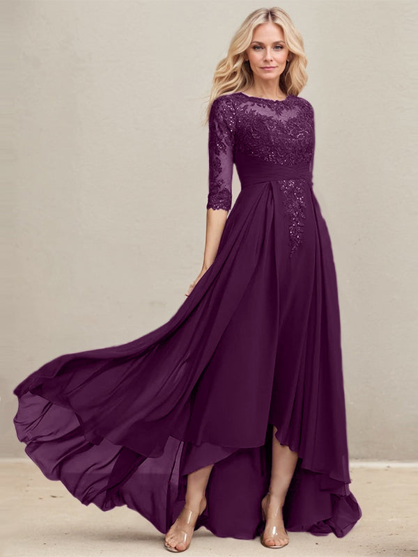 A-line Scoop Illusion Asymmetrical Lace Chiffon Mother of the Bride Dress With Pleated Sequins
