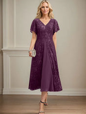 A-line V-Neck Tea-Length Lace Chiffon Mother of the Bride Dress