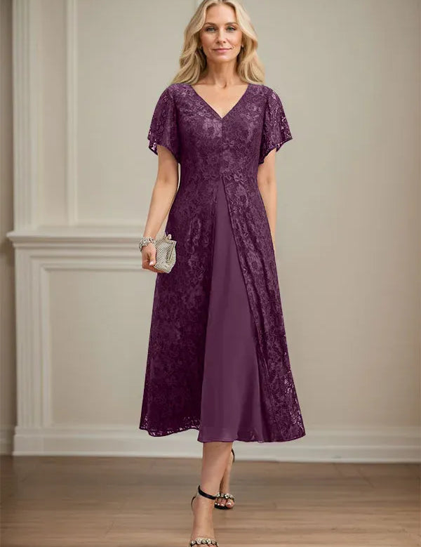 A-line V-Neck Tea-Length Lace Chiffon Mother of the Bride Dress