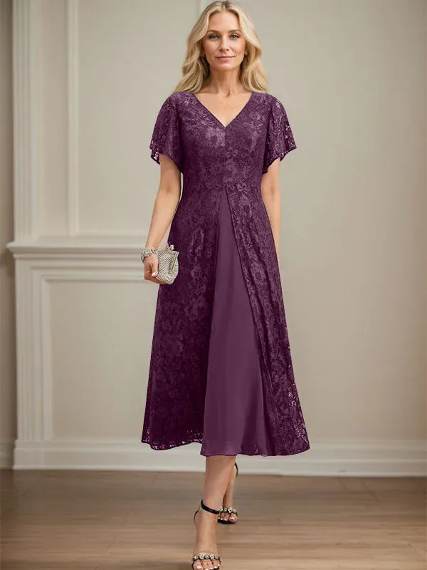 Robe de mère de la mariée en mousseline de soie, coupe trapèze, col en V et longueur thé 