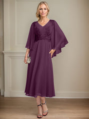 A-line V-Neck Tea-Length Chiffon Lace Mother of the Bride Dress With Beading Sequins