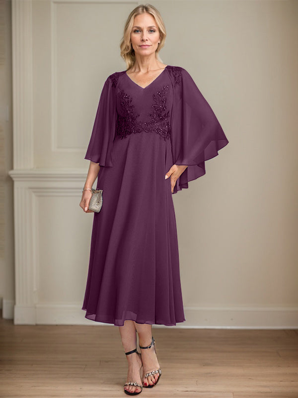A-line V-Neck Tea-Length Chiffon Lace Mother of the Bride Dress With Beading Sequins