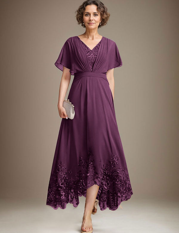 Robe de mère de la mariée asymétrique en mousseline de soie et dentelle, coupe trapèze, col en V, avec plis
