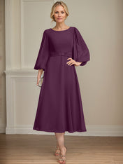 A-line Scoop Tea-Length Chiffon Mother of the Bride Dress With Crystal Brooch Pleated