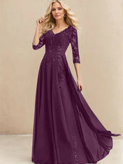 A-line V-Neck Floor-Length Lace Chiffon Mother of the Bride Dress With Sequins