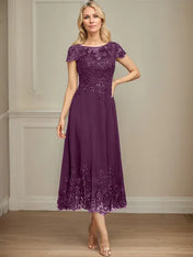 A-line Illusion Scoop Tea-Length Lace Chiffon Mother of the Bride Dress With Sequins
