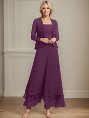 Separates Jumpsuit/Pantsuit Square Ankle-Length Lace Chiffon Mother of the Bride Dress With Sequins