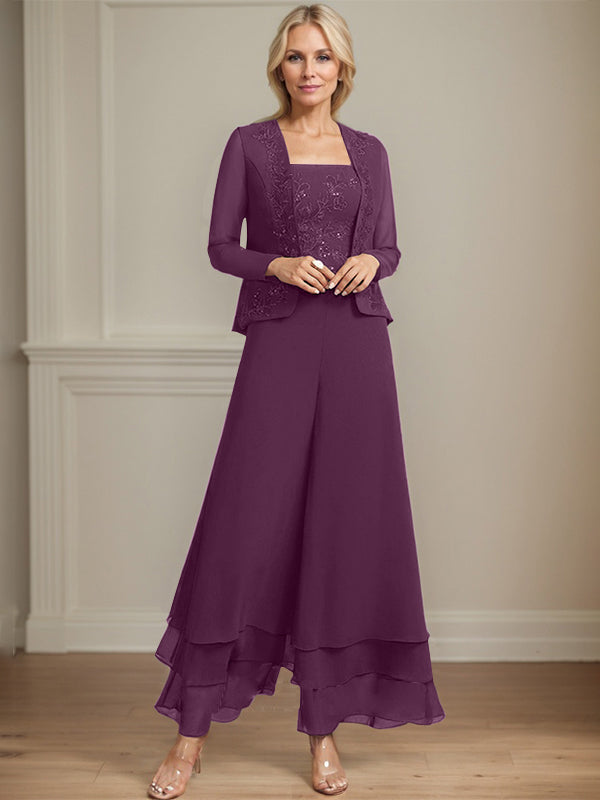 Robe de mère de la mariée en mousseline de soie, longueur cheville, avec sequins, combinaison/tailleur carré 