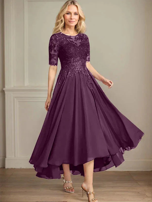 Robe de mère de la mariée asymétrique en mousseline de soie et dentelle, coupe trapèze, décolleté en V, illusion, avec paillettes 