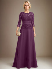 A-line Scoop Illusion Floor-Length Chiffon Lace Mother of the Bride Dress With Pleated Sequins Beading