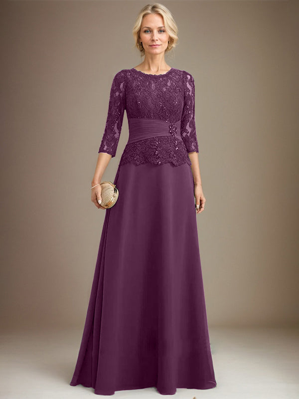 A-line Scoop Illusion Floor-Length Chiffon Lace Mother of the Bride Dress With Pleated Sequins Beading