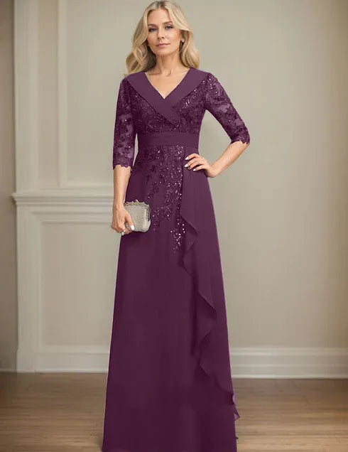 Robe de mère de la mariée trapèze, col en V, longueur au sol, en mousseline de soie et dentelle, avec volants en cascade et paillettes 
