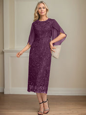 Sheath/Column Scoop Tea-Length Lace Chiffon Mother of the Bride Dress