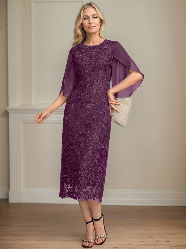 Column Scoop Tea-Length Lace Chiffon Mother of the Bride Dress