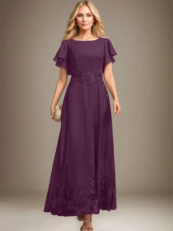 Robe de mère de la mariée trapèze en mousseline de soie et dentelle, longueur cheville, avec paillettes 