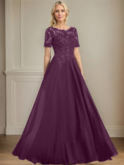 A-line Scoop Illusion Floor-Length Chiffon Lace Mother of the Bride Dress With Sequins Beading