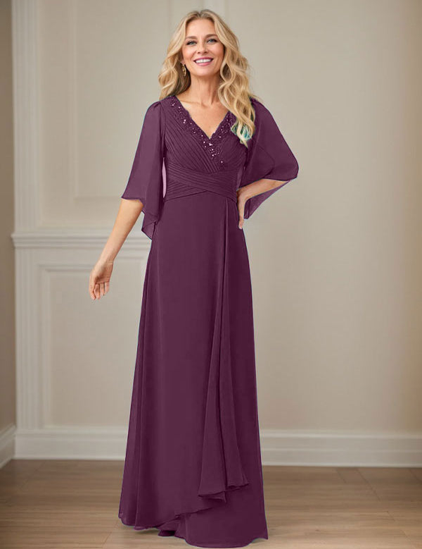 Robe mère de la mariée longue en mousseline à paillettes et col en V