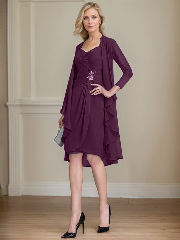 Column Sweetheart Knee-Length Chiffon Mother of the Bride Dress With Beading Appliques Lace Sequins Pleated