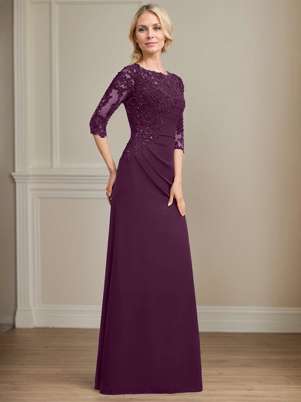 A-line Scoop Floor-Length Chiffon Lace Mother of the Bride Dress With Beading Pleated Sequins