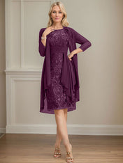 Sheath/Column Scoop Illusion Knee-Length Lace Chiffon Mother of the Bride Dress With Cascading Ruffles Sequins