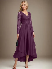 A-line V-Neck Asymmetrical Lace Chiffon Mother of the Bride Dress