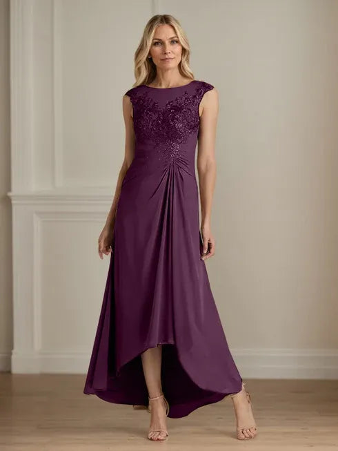 Champagne A-Line Scoop Lace Chiffon Dress