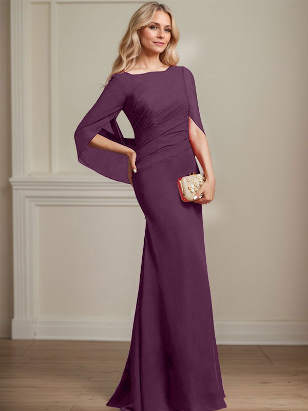 Mermaid Boat Neck Floor-Length Chiffon Mother of the Bride Dress With Pleated