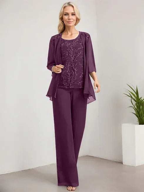 Pantsuit Scoop Floor-Length Lace Chiffon Mother of the Bride Dress With Sequins