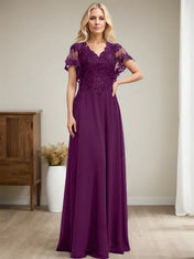 A-line V-Neck Floor-Length Lace Chiffon Mother of the Bride Dress With Sequins