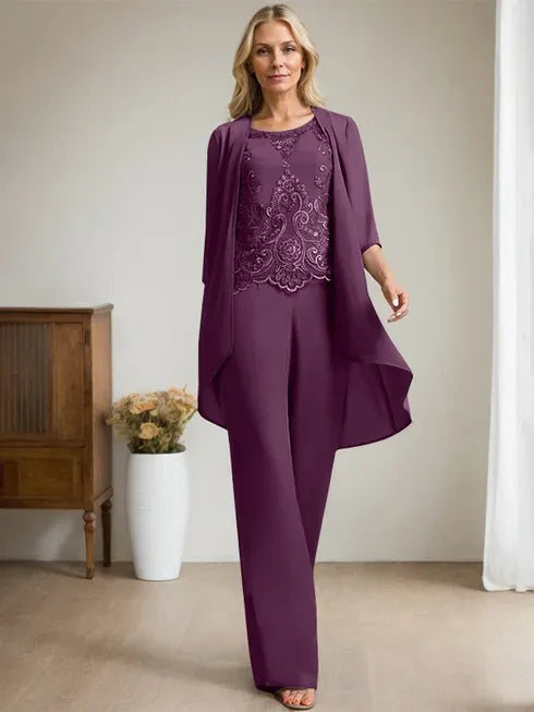 Pantsuit Scoop Floor-Length Chiffon Lace Mother of the Bride Dress With Beading Sequins