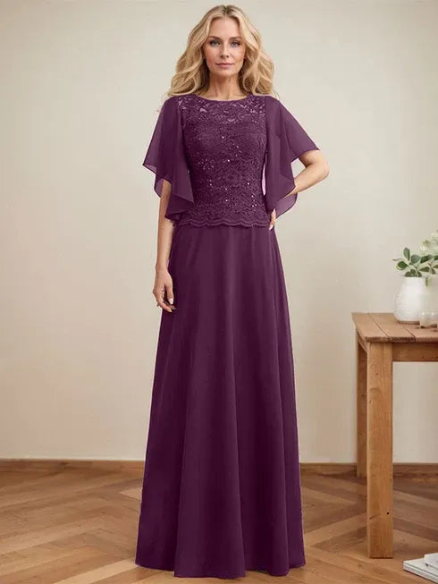 A-line Scoop Illusion Floor-Length Lace Chiffon Mother of the Bride Dress With Sequins