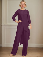 Separates Jumpsuit/Pantsuit Scoop Floor-Length Chiffon Mother of the Bride Dress With Sequins Beading