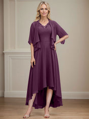 A-line V-Neck Asymmetrical Chiffon Mother of the Bride Dress With Beading Sequins