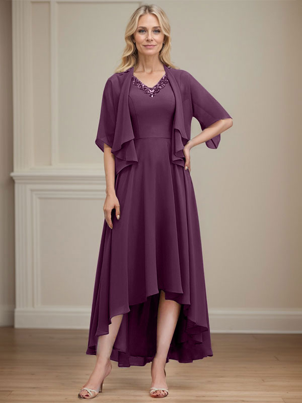 A-line V-Neck Asymmetrical Chiffon Mother of the Bride Dress With Beading Sequins