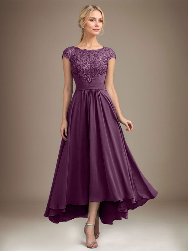 A-line Scoop Illusion Asymmetrical Lace Chiffon Mother of the Bride Dress With Pleated