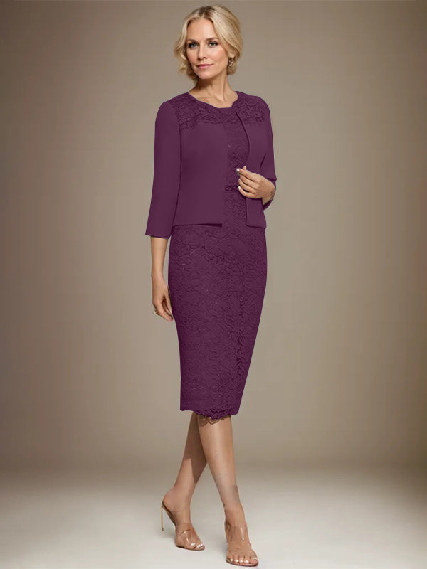 Column Scoop Knee-Length Chiffon Lace Mother of the Bride Dress With Beading