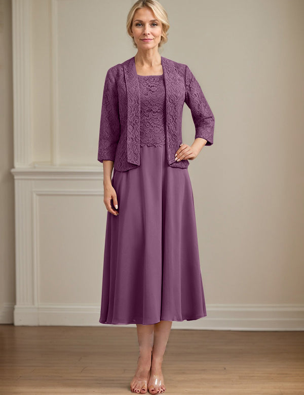 A-line Scoop Tea-Length Lace Chiffon Mother of the Bride Dress