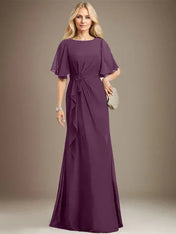 A-line Scoop Floor-Length Chiffon Mother of the Bride Dress With Cascading Ruffles Beading Sequins
