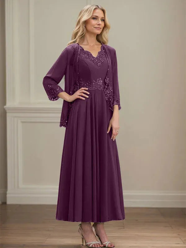 Robe de mère de la mariée trapèze en mousseline de soie, col en V, longueur cheville, avec appliques à paillettes et perles en dentelle 