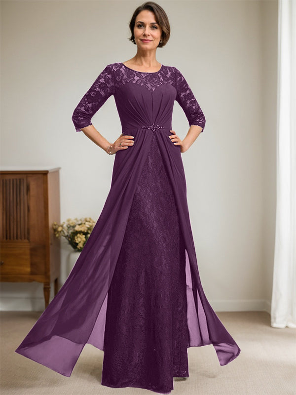 A-Line Scoop Illusion Floor-Length Lace Chiffon Mother Of the Bride Dress With Beading Ruffles